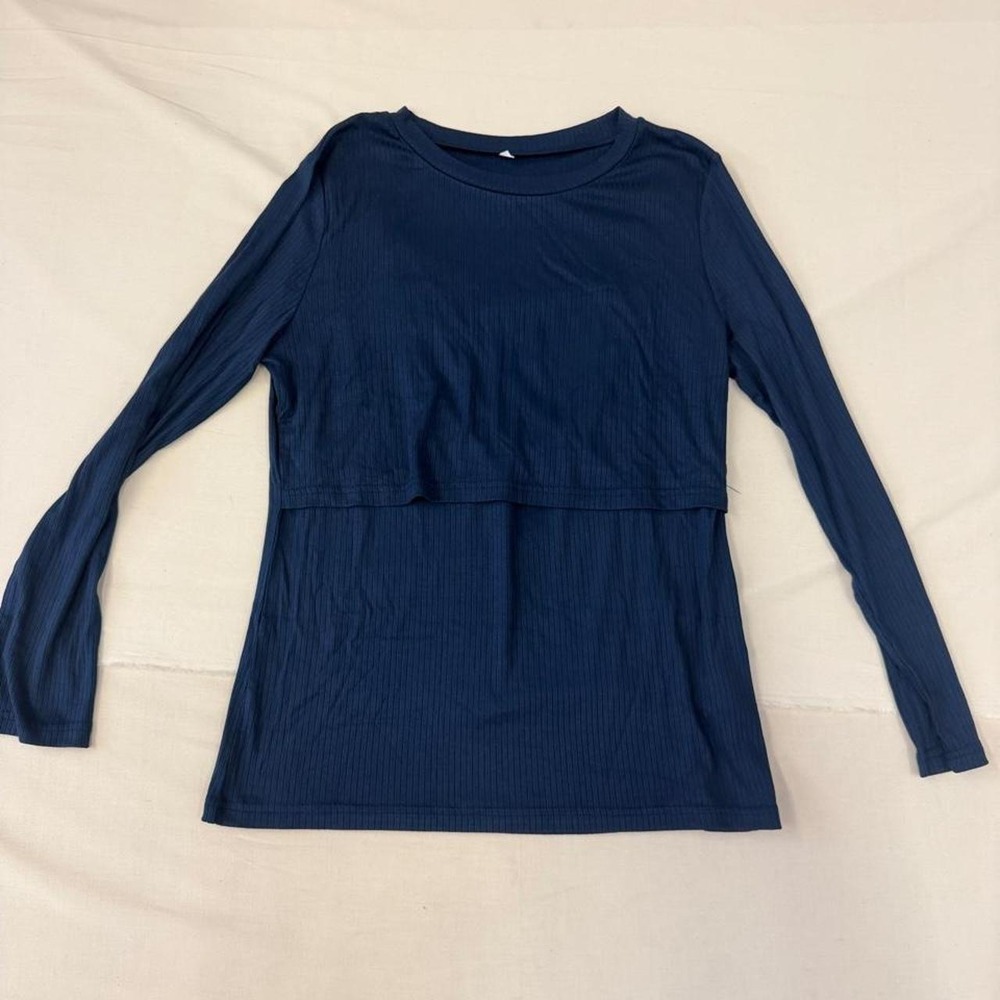 Navy Blue Ribbed Long Sleeve Nursing Top